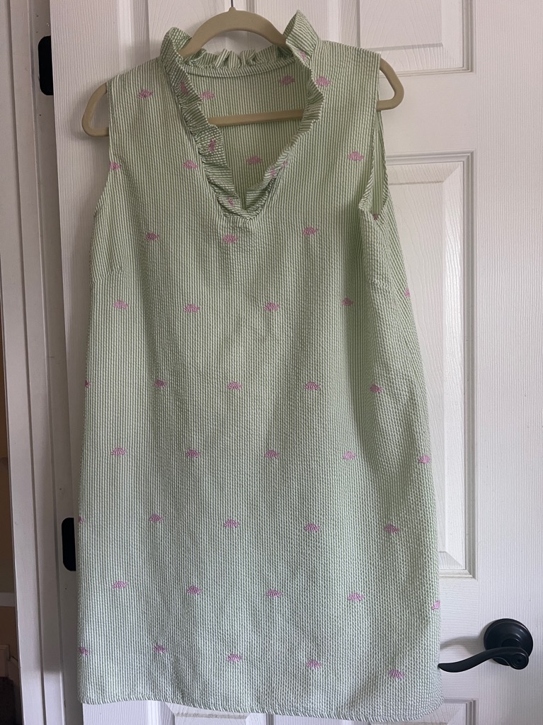 Sleeveless Ruffled Dress In Pastel Green With Pink Embroidered Turtles.